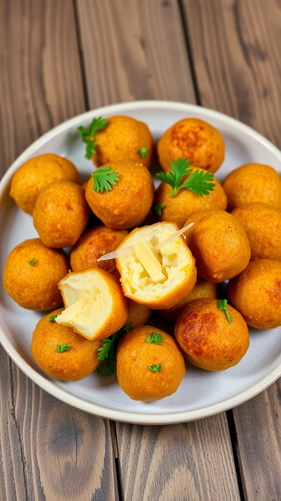 Crispy potato balls with cheese filling, served with dipping sauce on a rustic plate.